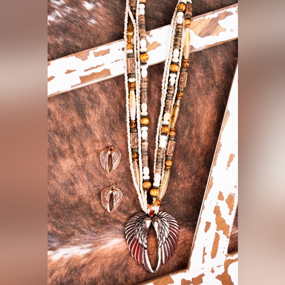 COPPERTONE WINGS PENDANT WOOD AND SEED BEAD NECKLACE AND EARRING SET
